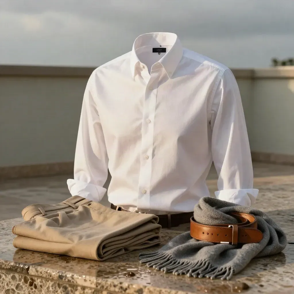 Camicia Oxford bianca con pantaloni sabbia, cintura cuoio e maglia neutra su travertino bagnato.