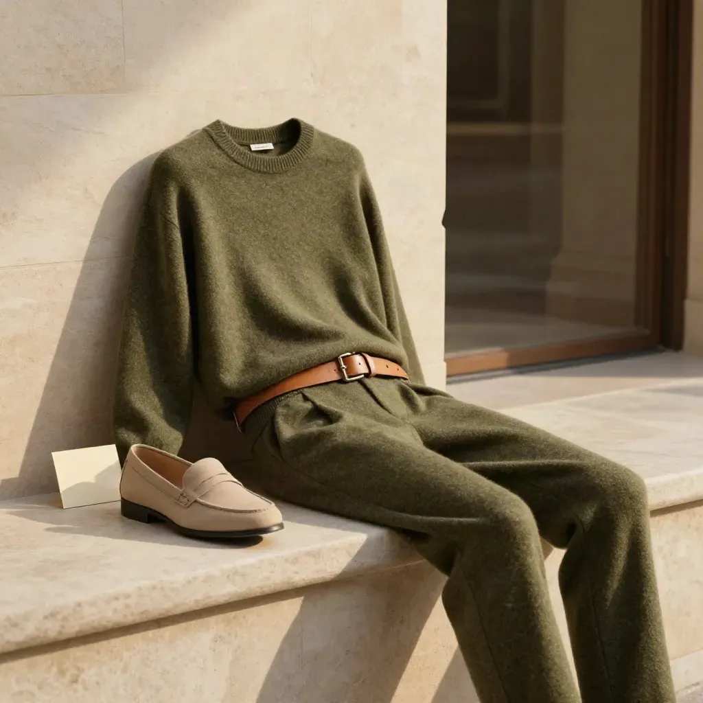 Set in lana verde oliva su soglia di pietra, con cintura cuoio e scarpa neutra in luce morbida.