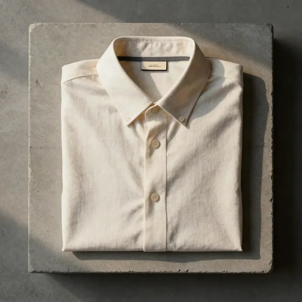 Camicia oxford panna in flatlay su pietra opaca, con luce morbida dall’alto.