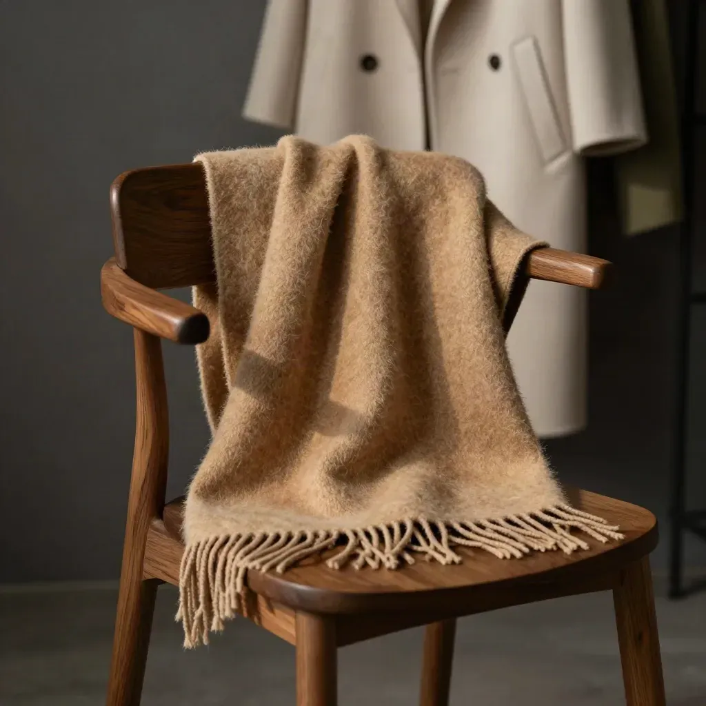 Sciarpa in lana cammello su sedia in legno, con cappotto chiaro sullo sfondo.