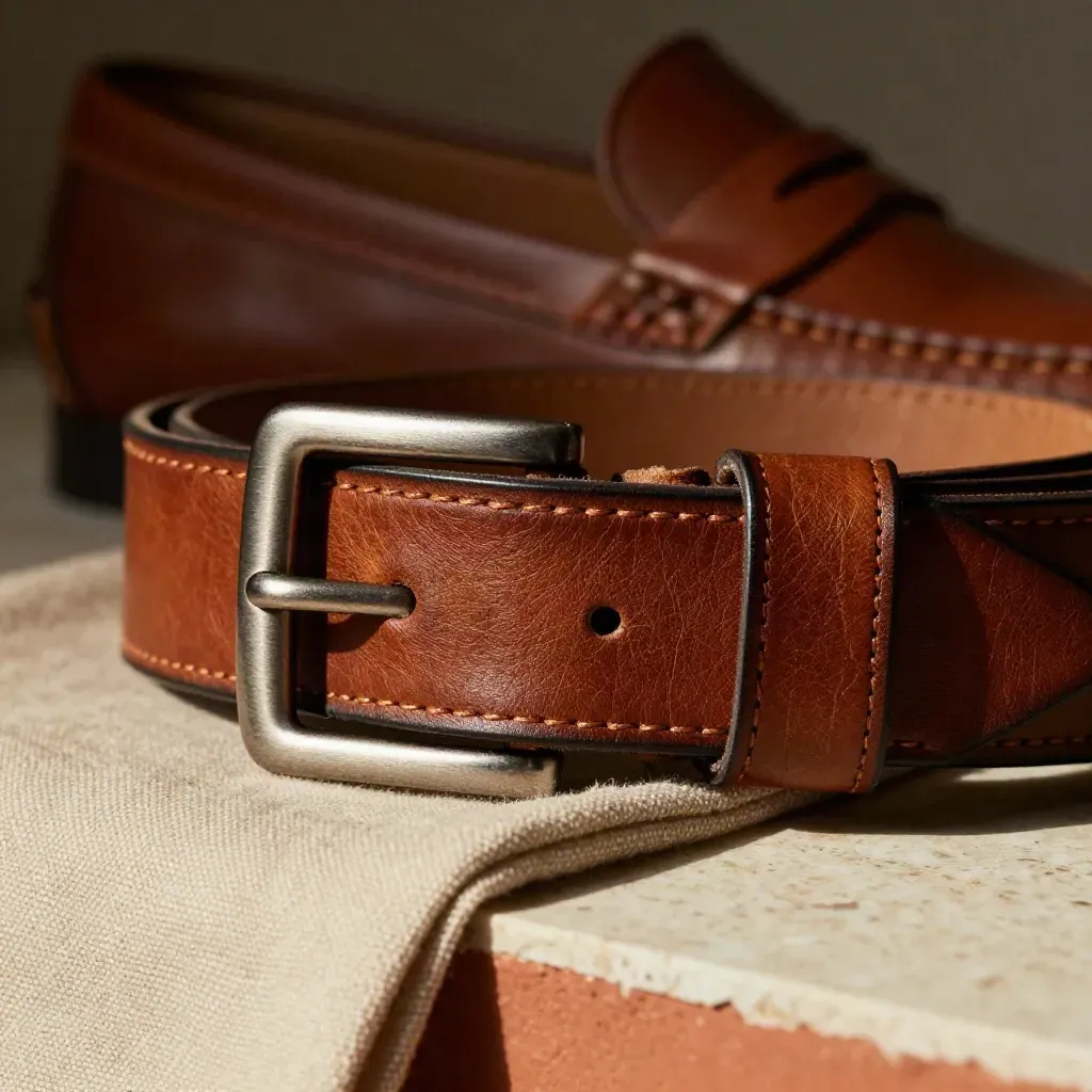 Cintura in pelle marrone arrotolata con fibbia, lino e scarpa sfocata su travertino.