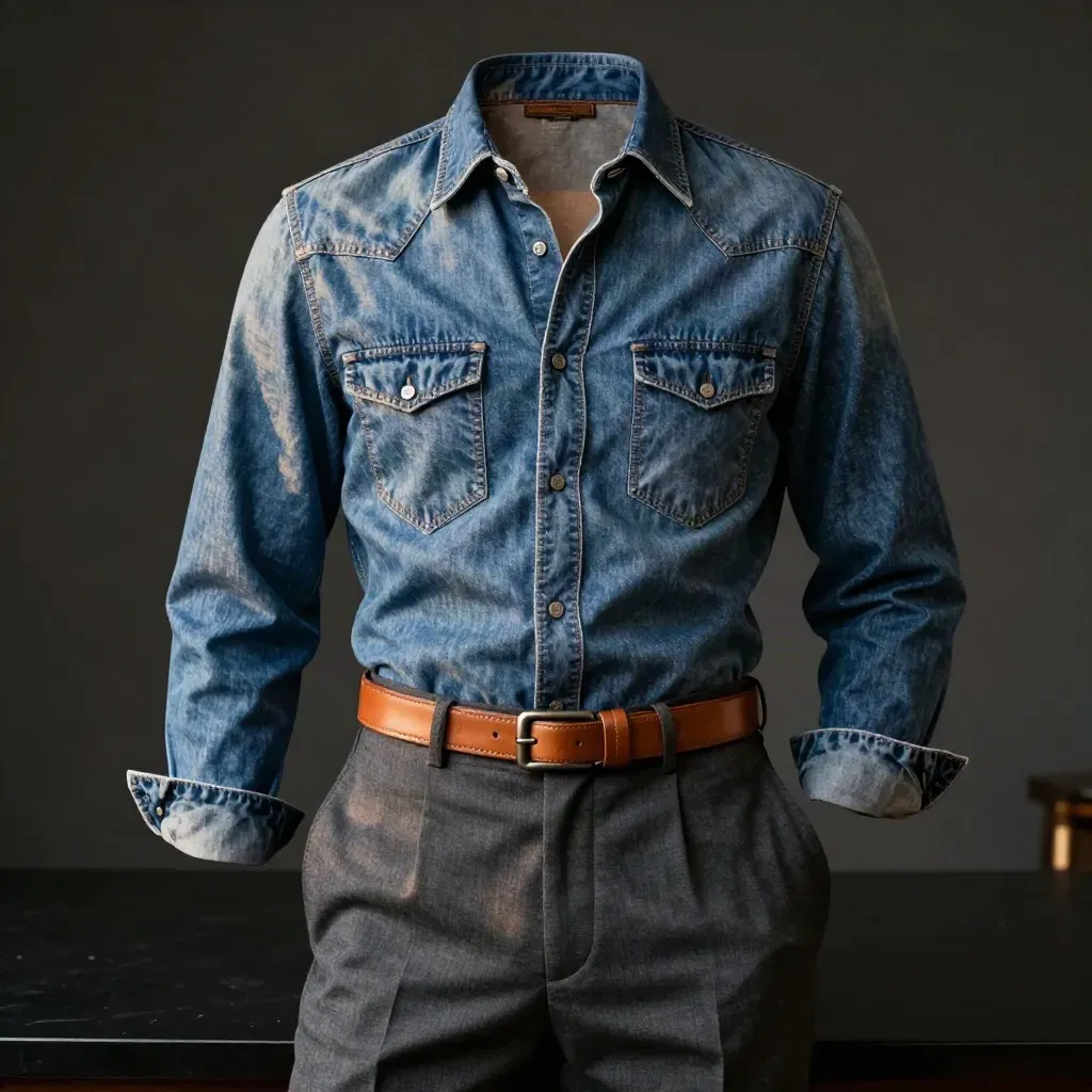Camicia denim chiaro con pantalone grigio e cintura in cuoio su base nera, luce drammatica.