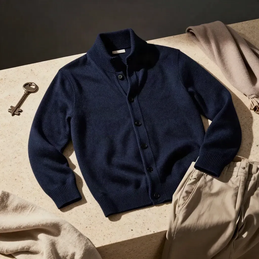 Cardigan blu in lana merino con chino neutri e sciarpa morbida su base in travertino.