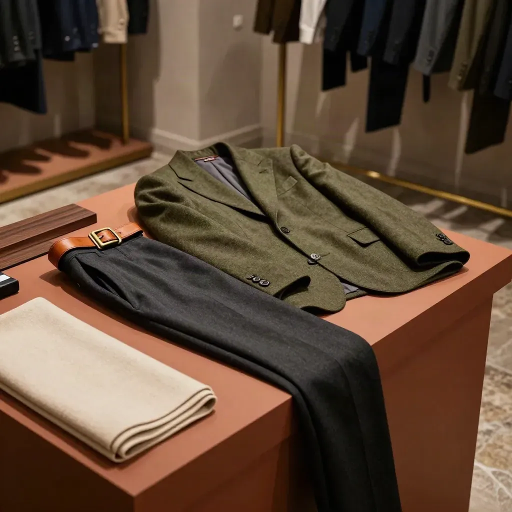 Tre capi sartoriali su plinto caldo con ombre profonde e fondo scuro.