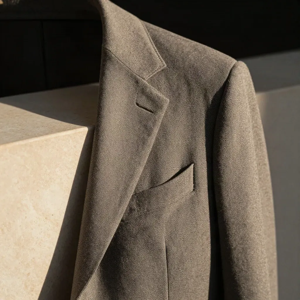 Primo piano di blazer grigio sfoderato con revers aperti e cuciture interne su fondo scuro.