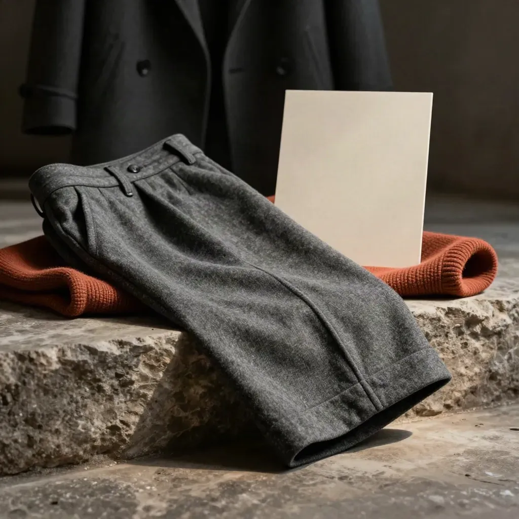Pantalone in flanella grafite su gradino di pietra, con cappotto sfocato e luce drammatica.