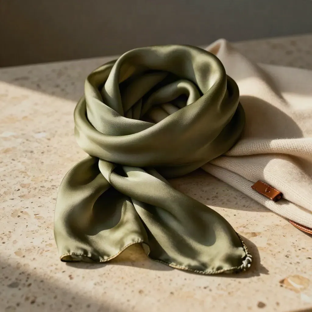 Foulard in seta oliva con cinturino cuoio e cardigan neutro su travertino