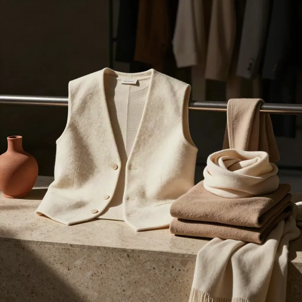 Gilet di lana leggera su plinto con maglia sottile, foulard e dettagli sartoriali sfocati