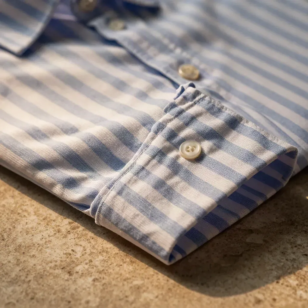 Dettaglio macro di camicia azzurra rigata con collo classico e polsino piegato.