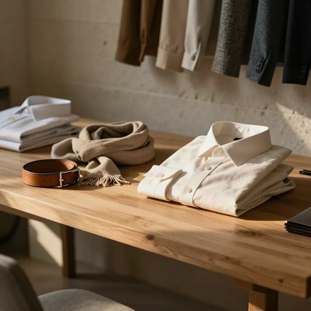 Interno di atelier con camicie uomo piegate su tavolo in legno e luce calda dall’alto.