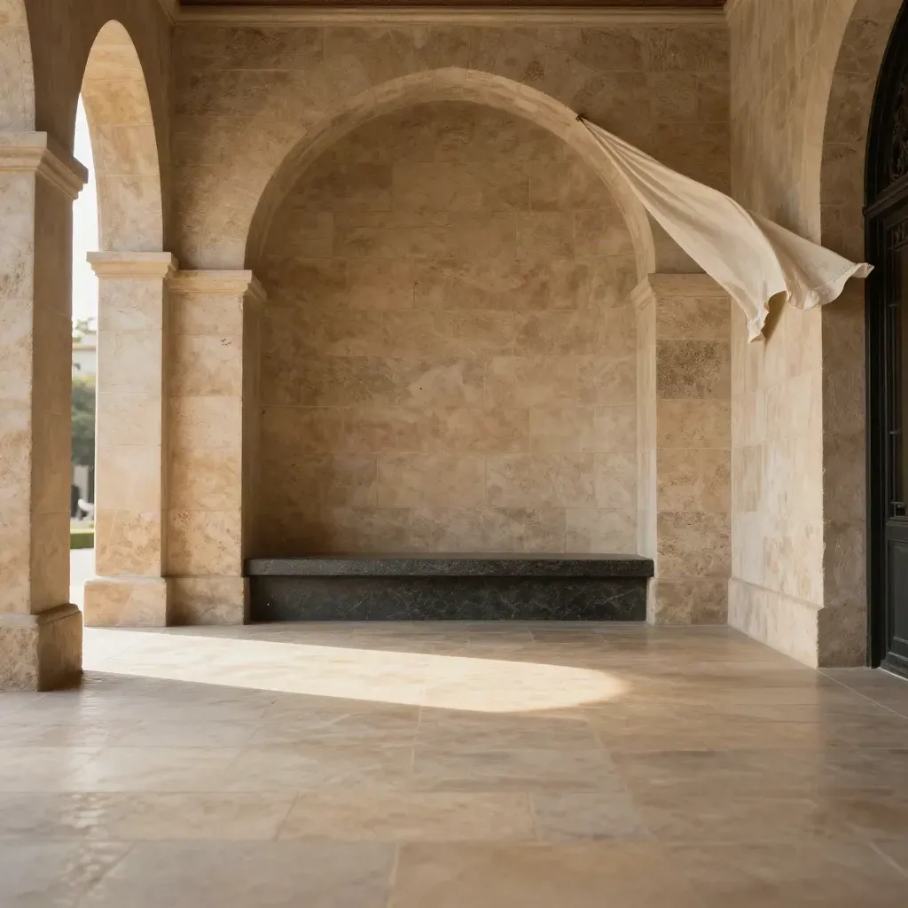 Portico in pietra con arco alto e luce radente, con spazio calmo per il testo
